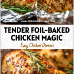 Close-up of seasoned baked chicken in foil fresh from the oven, ready to serve for dinner.